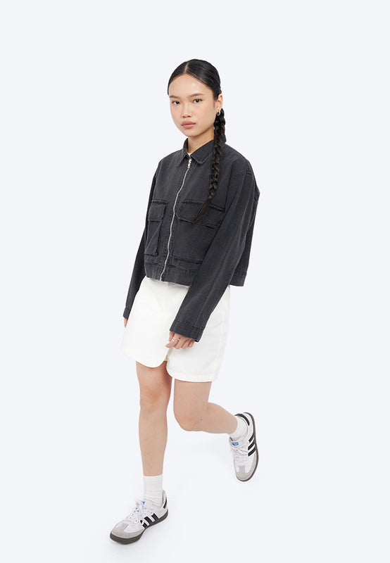 Double Pocket Zip Up Denim Jacket