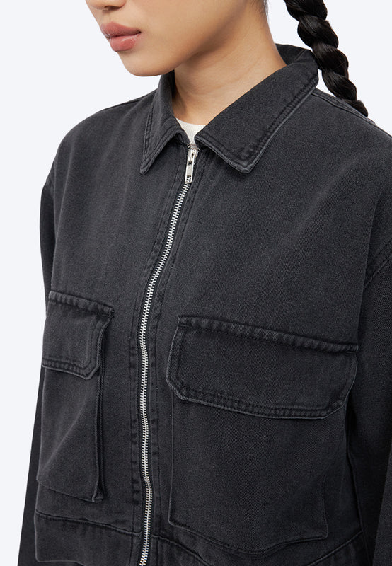 Double Pocket Zip Up Denim Jacket