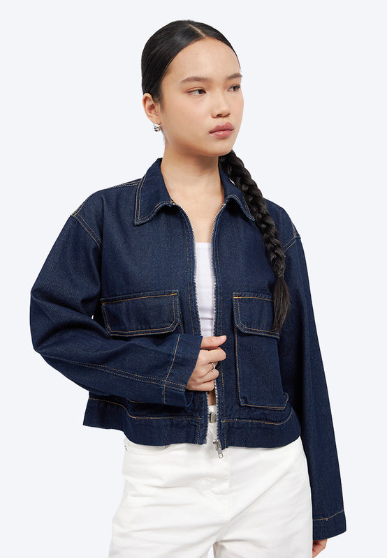 Double Pocket Zip Up Denim Jacket