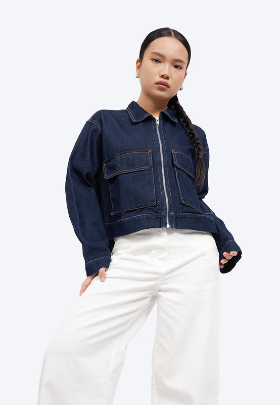 Double Pocket Zip Up Denim Jacket