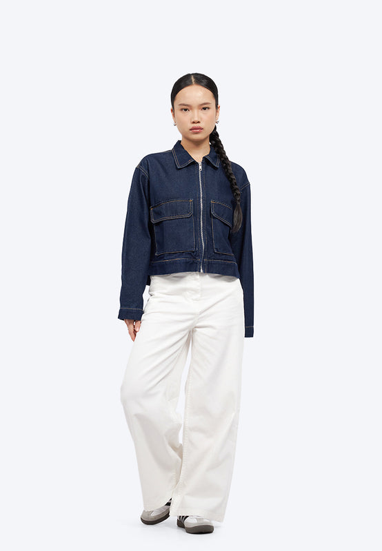 Double Pocket Zip Up Denim Jacket