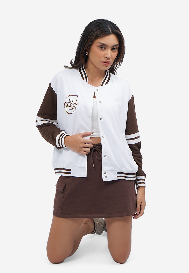 Contrast Sleeve Varsity Jacket Off White