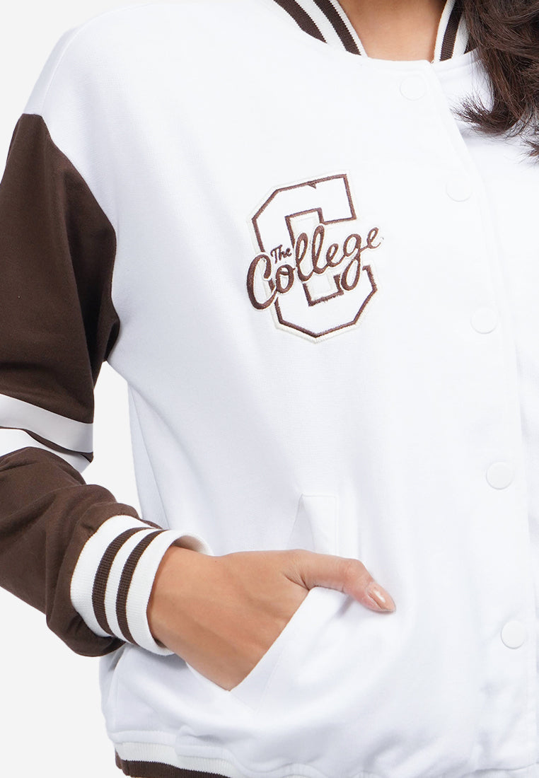 Contrast Sleeve Varsity Jacket Off White