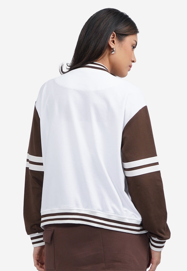 Contrast Sleeve Varsity Jacket Off White