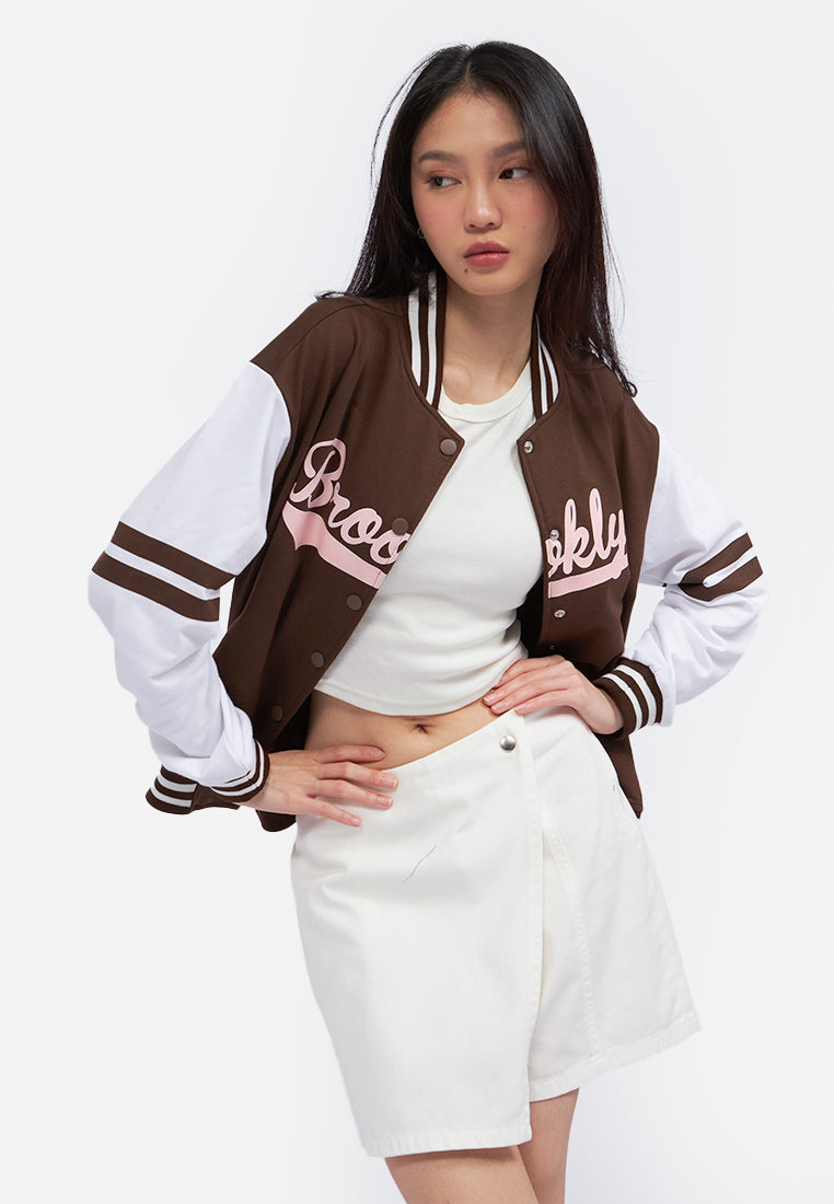 Contrast Sleeve Varsity Jacket Dark Brown