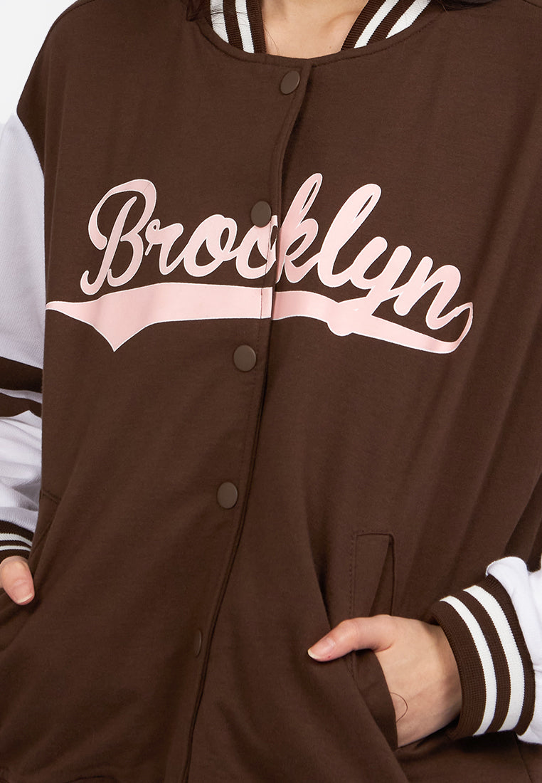Contrast Sleeve Varsity Jacket Dark Brown