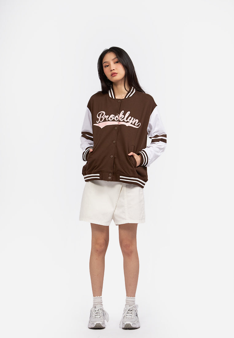 Contrast Sleeve Varsity Jacket Dark Brown