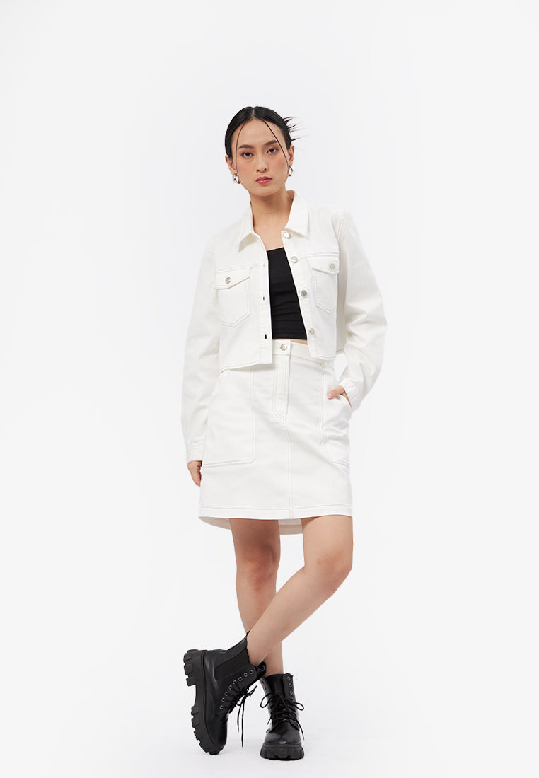 Contrast Stitching Long Sleeve Jacket Off White