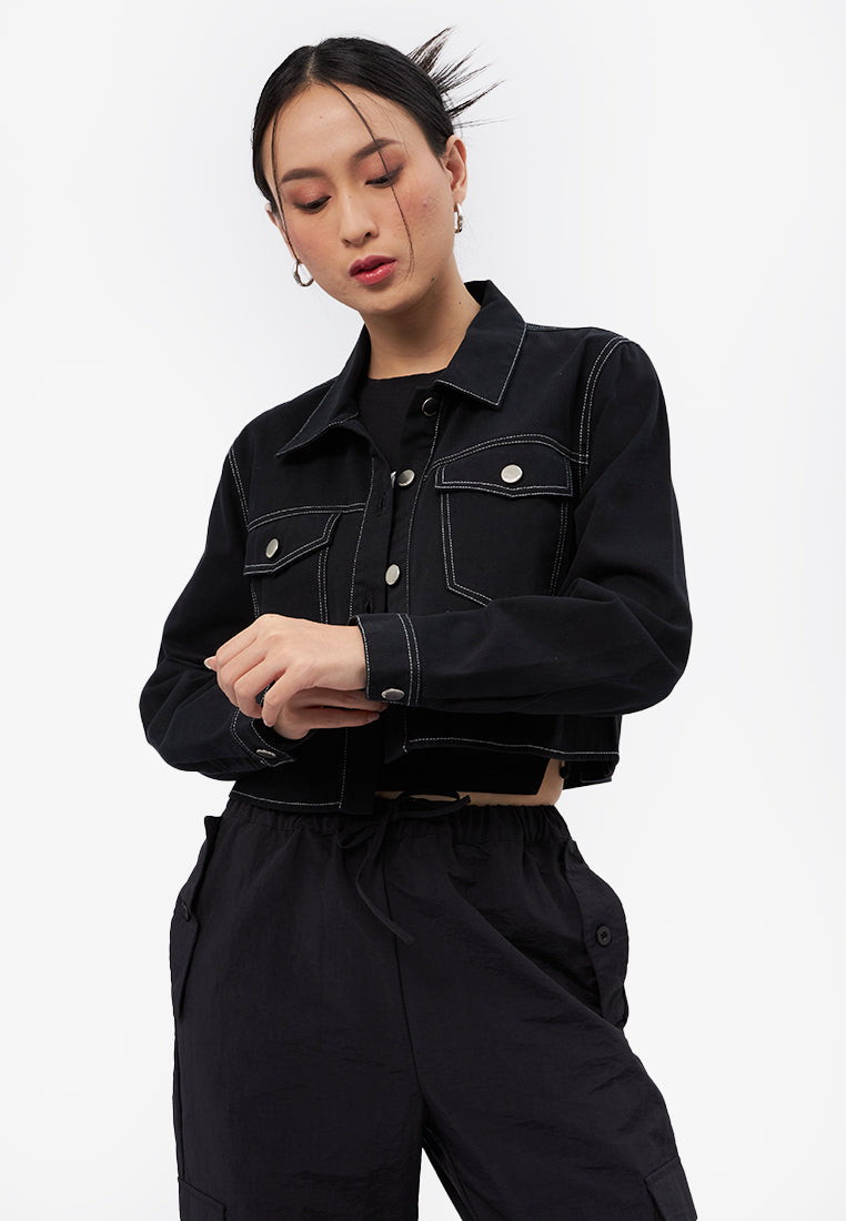 Contrast Stitching Long Sleeve Jacket Black