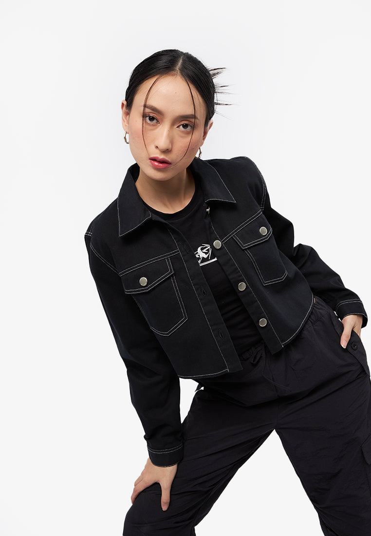 Contrast Stitching Long Sleeve Jacket Black