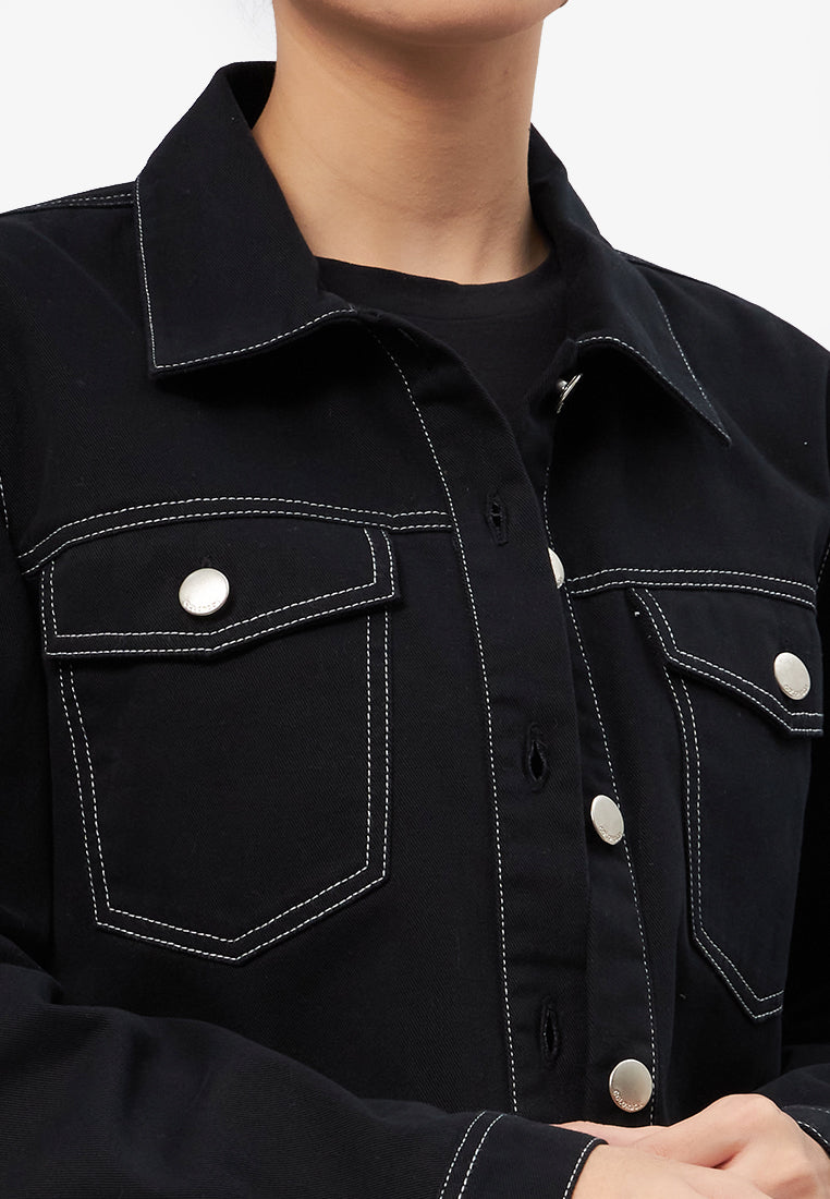 Contrast Stitching Long Sleeve Jacket Black