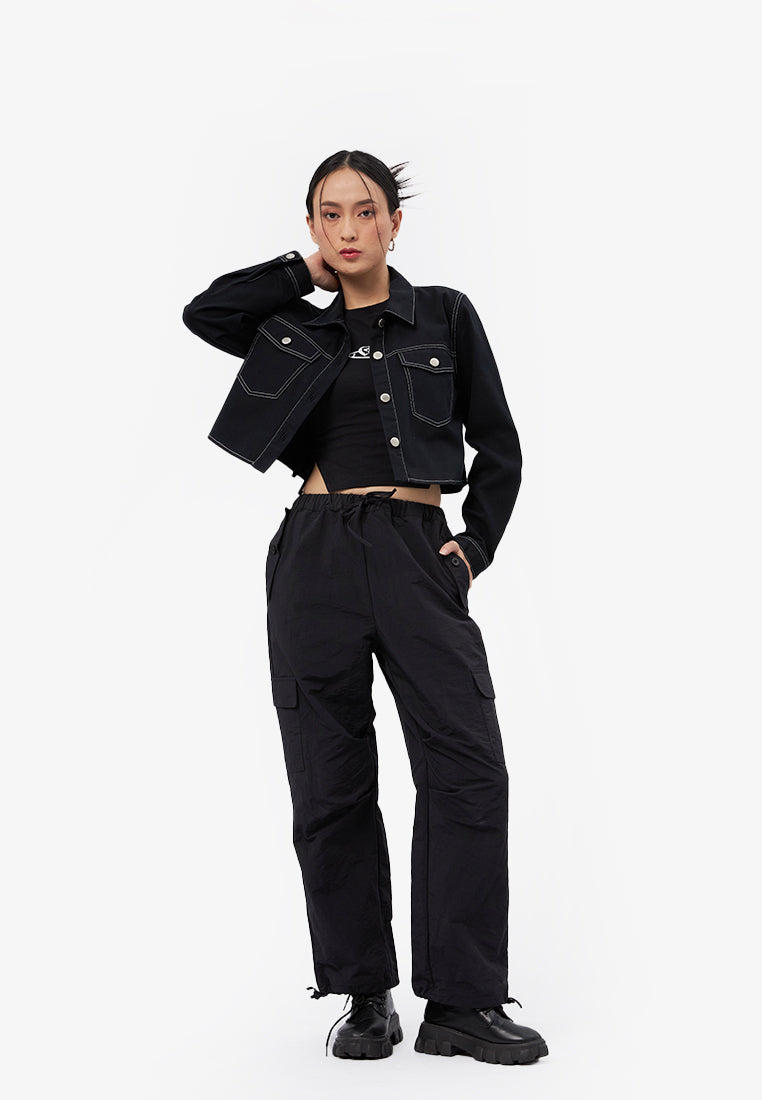 Contrast Stitching Long Sleeve Jacket Black
