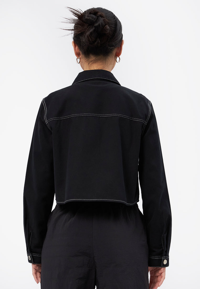 Contrast Stitching Long Sleeve Jacket Black
