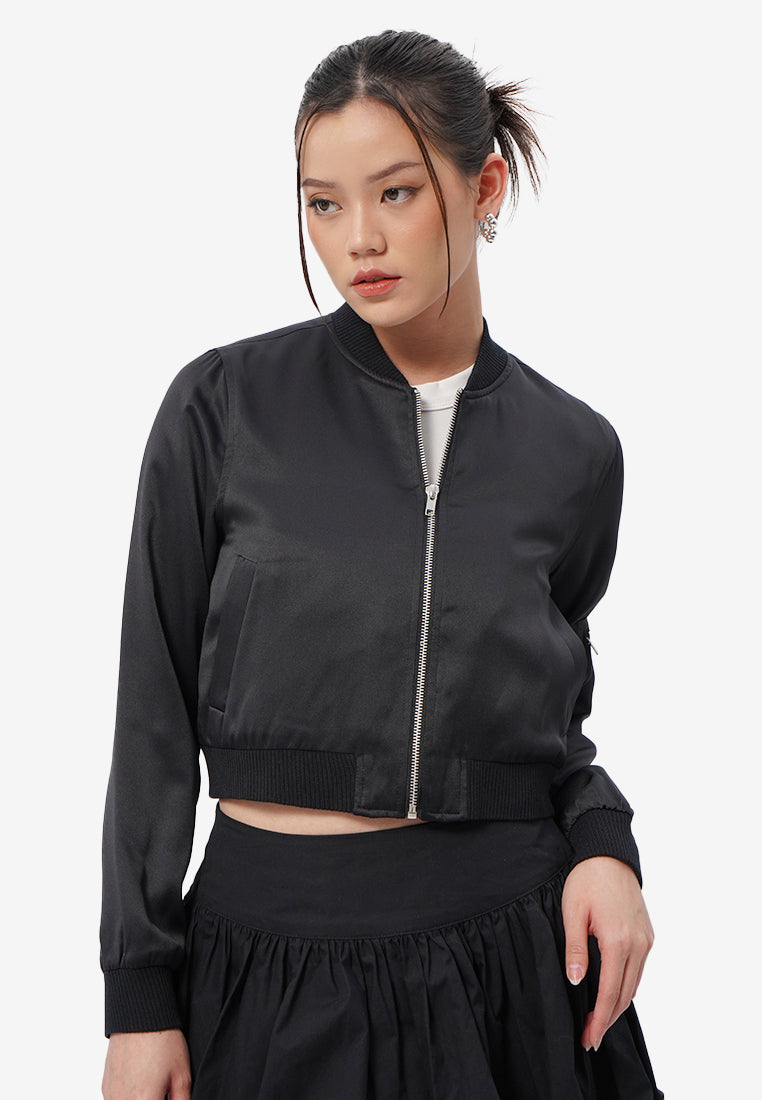 Cropped Satin Bomber Jacket Black