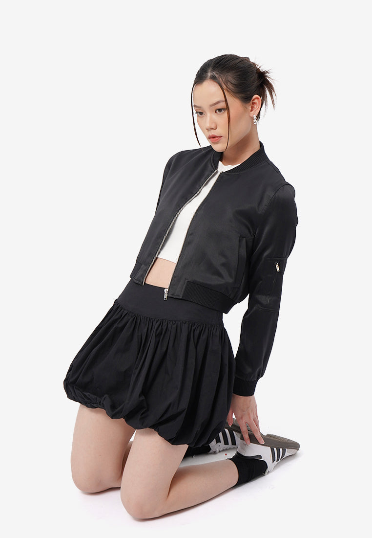 Cropped Satin Bomber Jacket Black