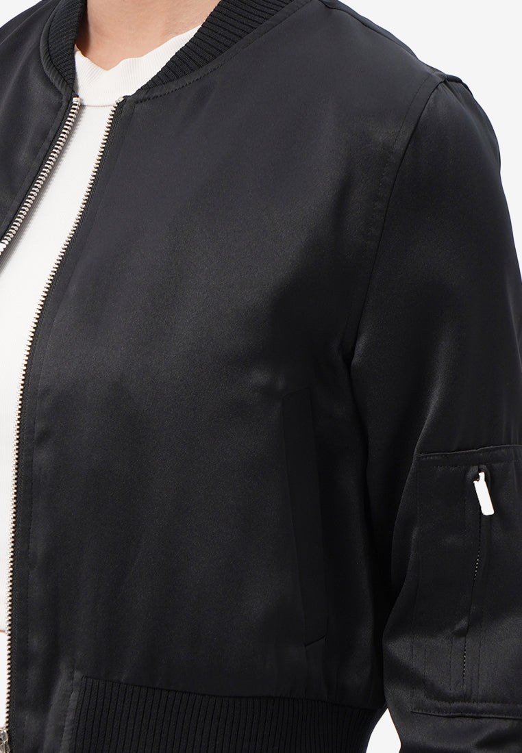 Cropped Satin Bomber Jacket Black