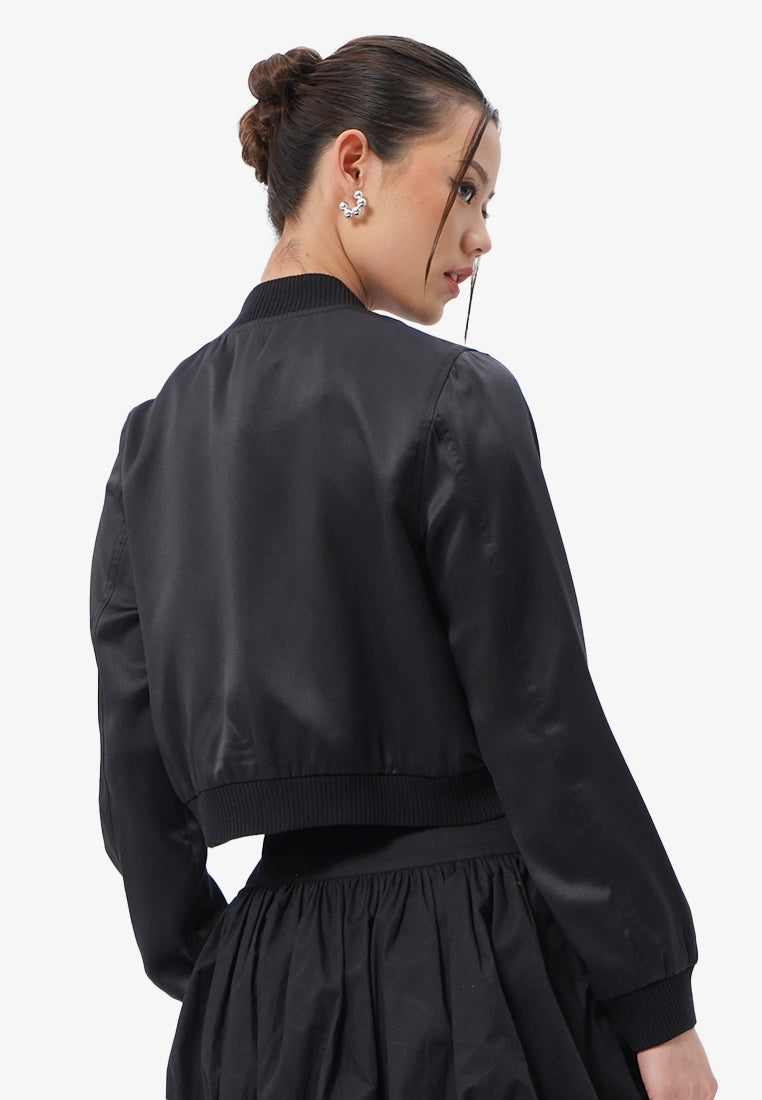 Cropped Satin Bomber Jacket Black