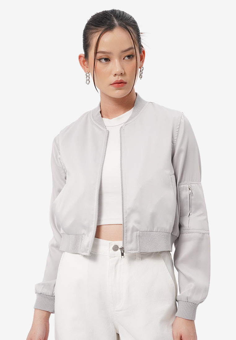 Cropped Satin Bomber Jacket Grey