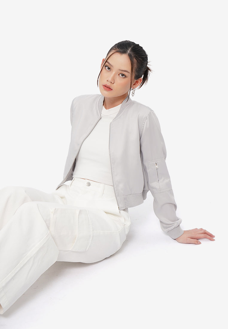 Cropped Satin Bomber Jacket Grey