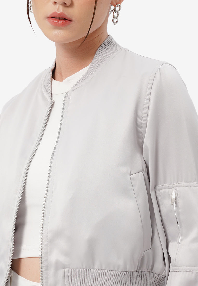 Cropped Satin Bomber Jacket Grey