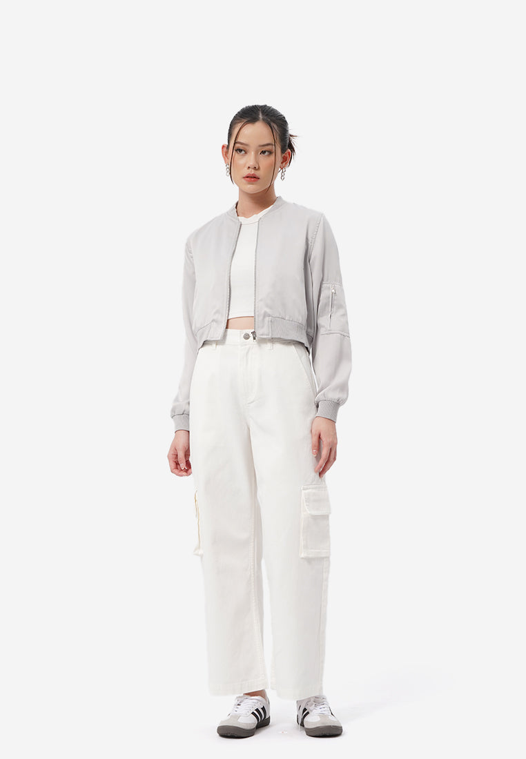 Cropped Satin Bomber Jacket Grey