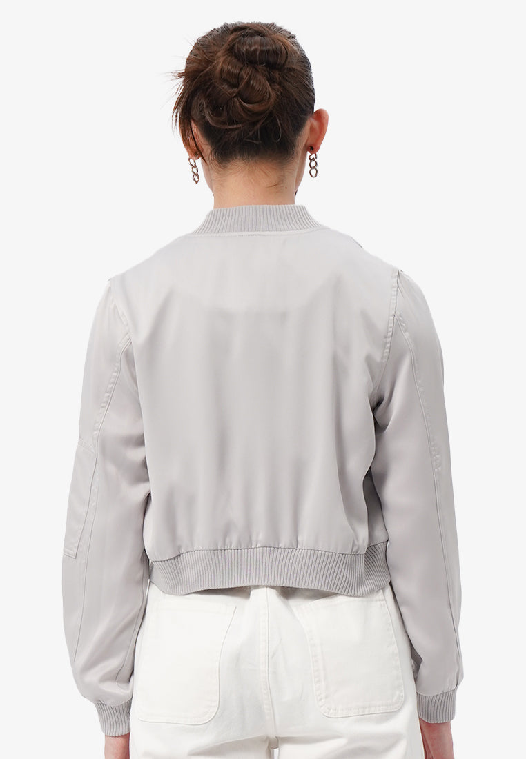 Cropped Satin Bomber Jacket Grey