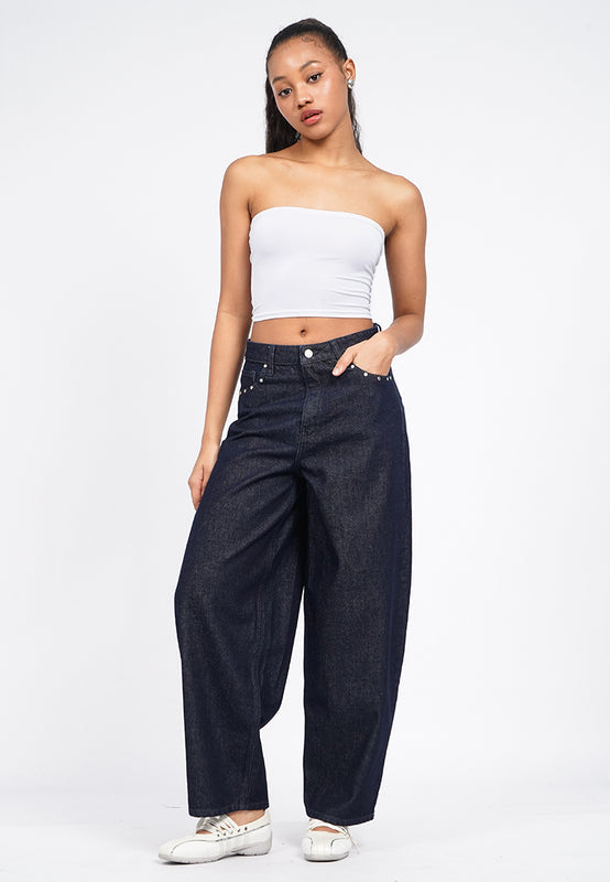 Barrel Denim Pants with Stud Details