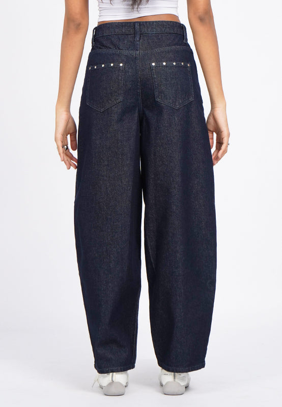 Barrel Denim Pants with Stud Details