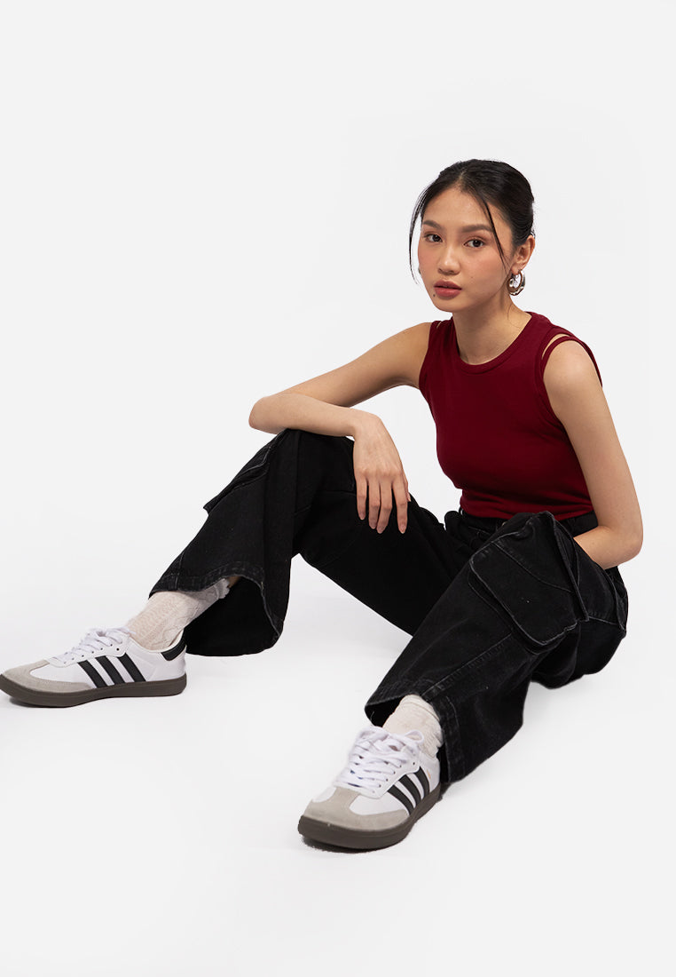 Wide Leg Multi Pocket Denim Pants Dark Grey
