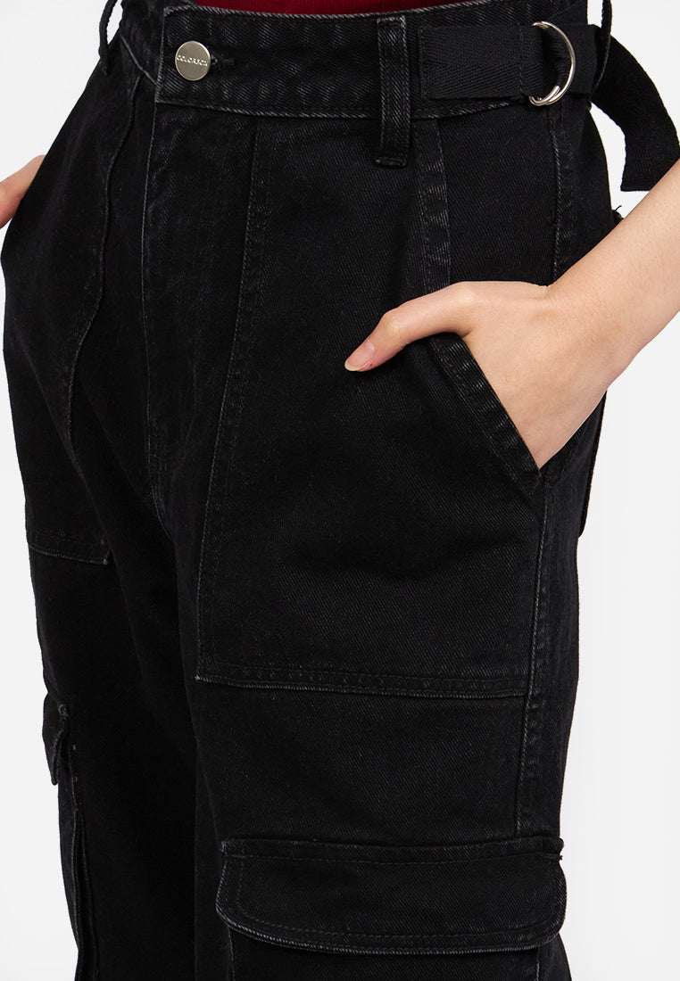 Wide Leg Multi Pocket Denim Pants Dark Grey