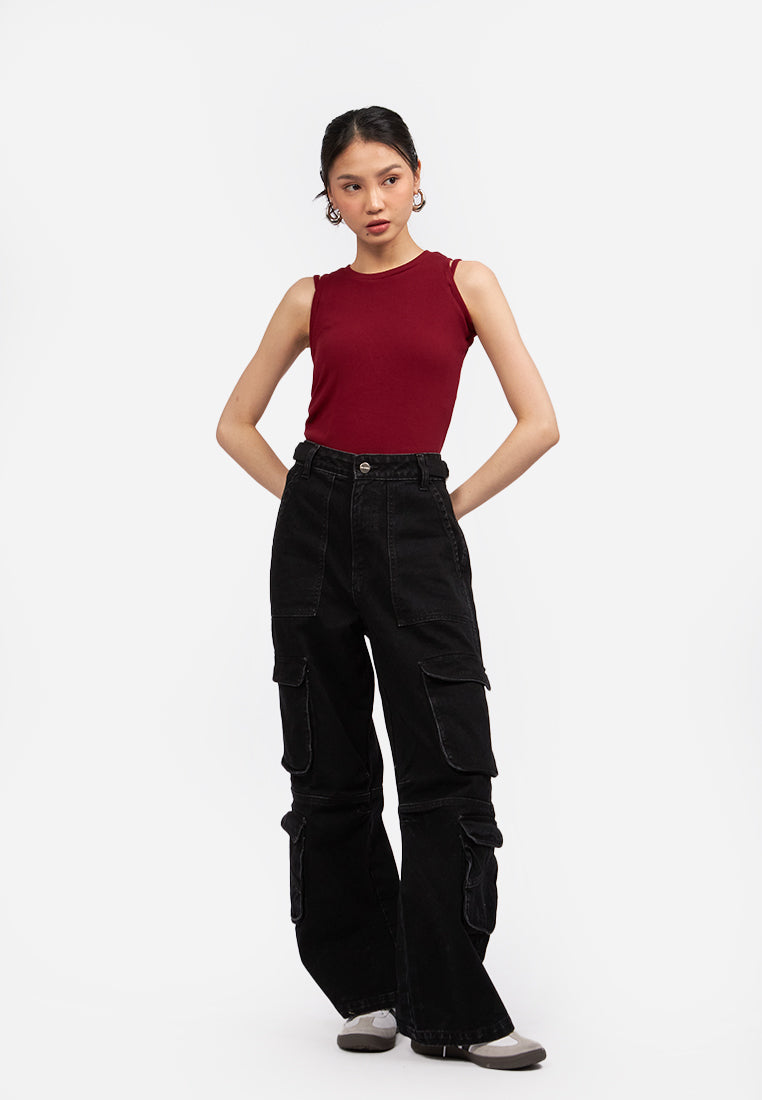 Wide Leg Multi Pocket Denim Pants Dark Grey