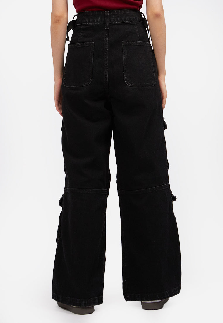 Wide Leg Multi Pocket Denim Pants Dark Grey