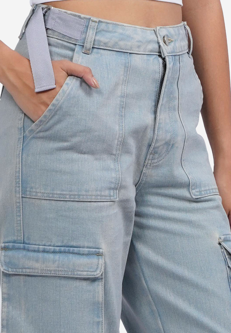 Wide Leg Multi Pocket Denim Pants L.Blue