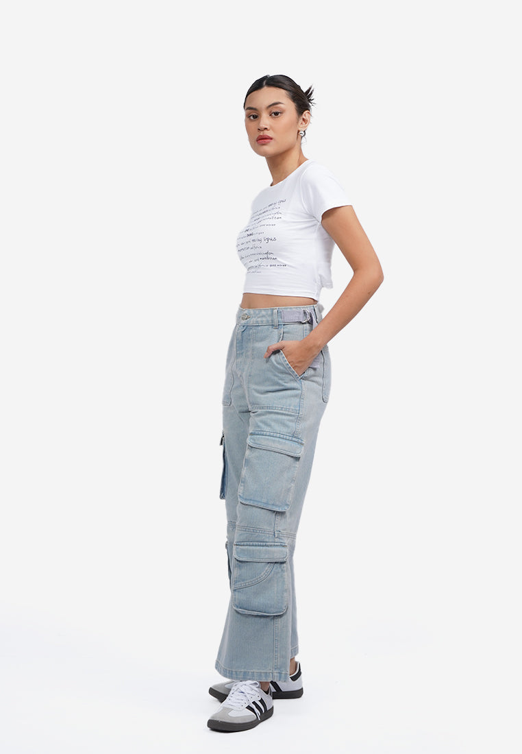 Wide Leg Multi Pocket Denim Pants L.Blue