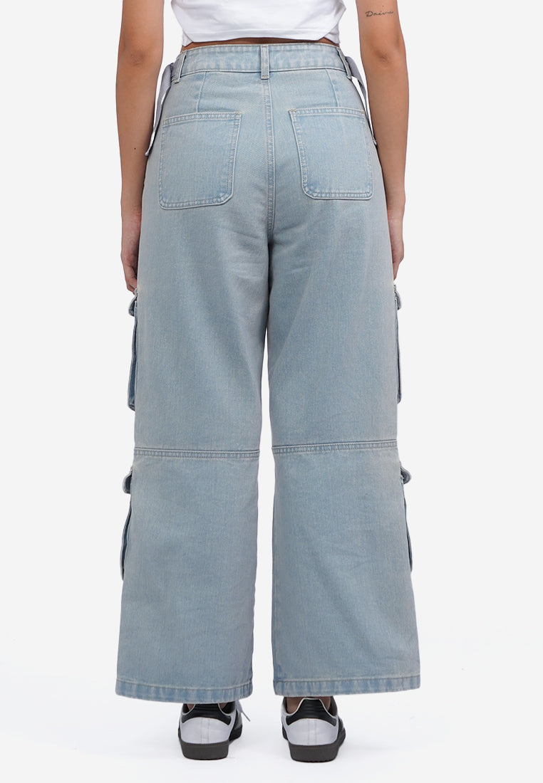Wide Leg Multi Pocket Denim Pants L.Blue