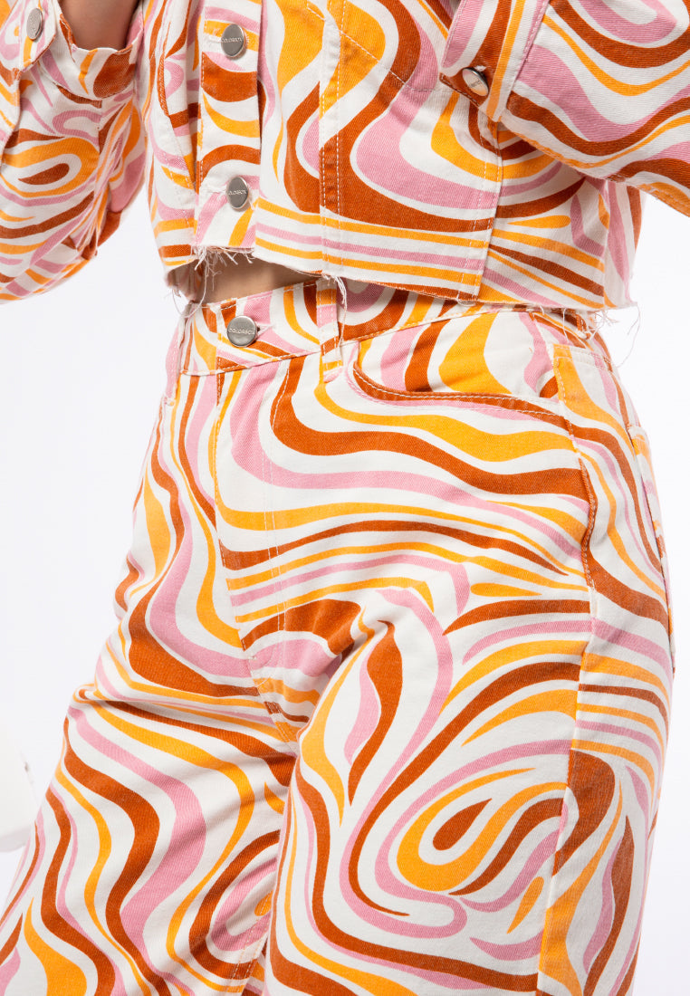Printed Wide Leg Denim Pants