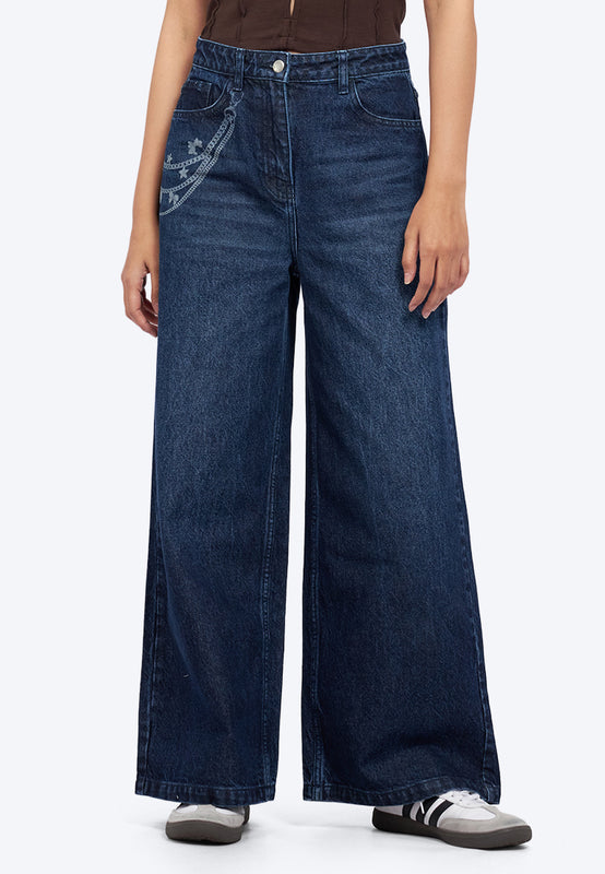 Printed Wide Leg Denim Pants