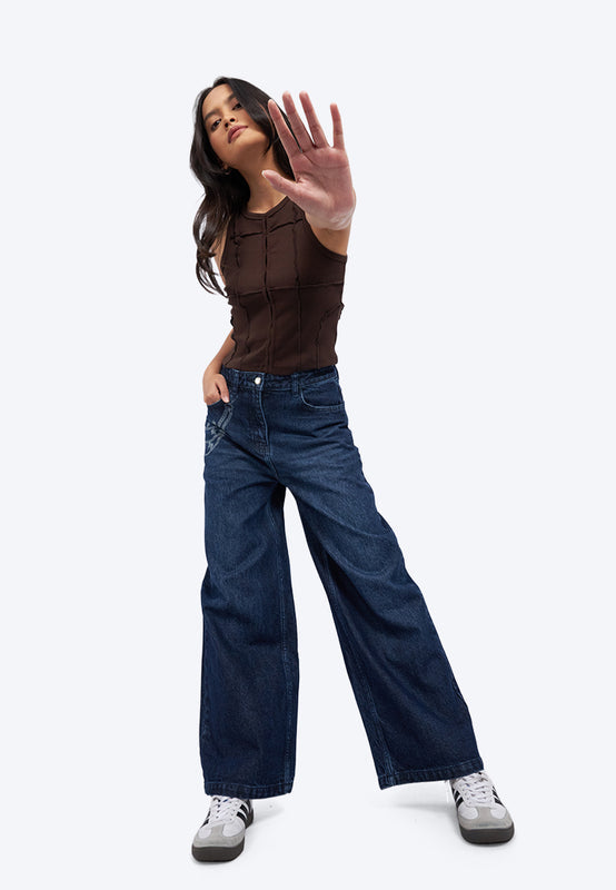Printed Wide Leg Denim Pants
