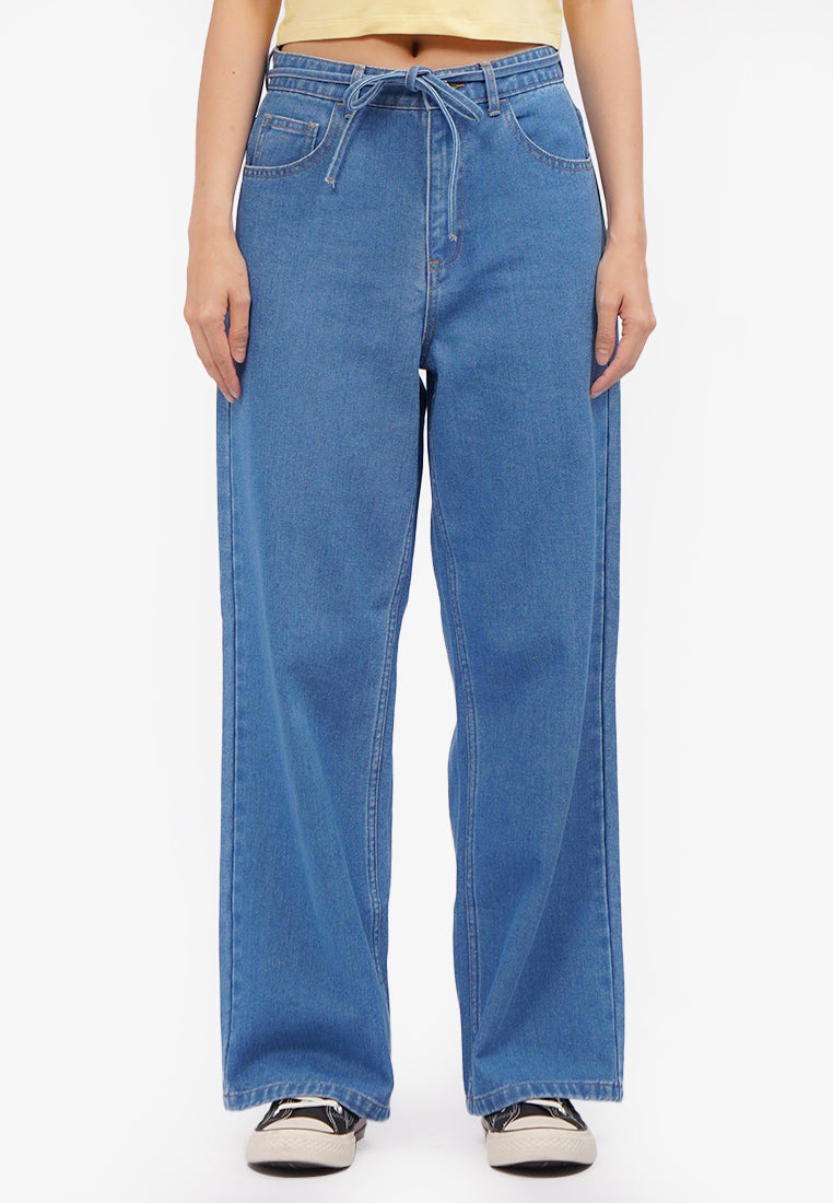 Wide Leg Jeans with Tie Details Med Blue