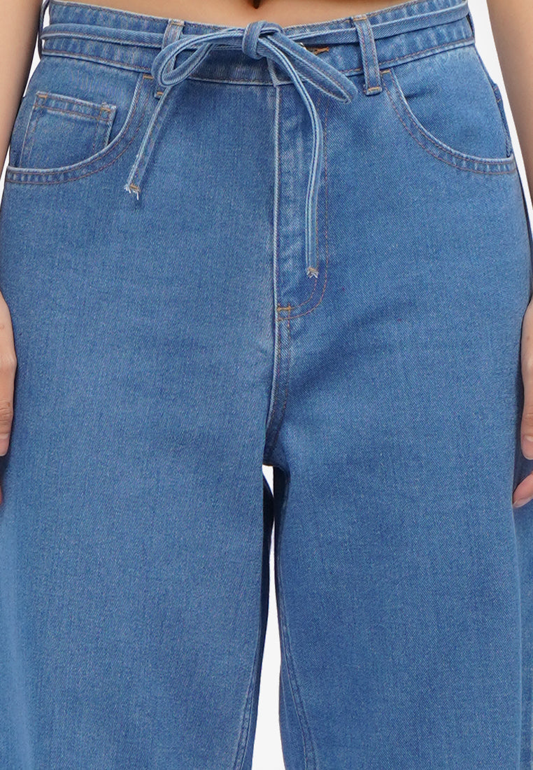 Wide Leg Jeans with Tie Details Med Blue