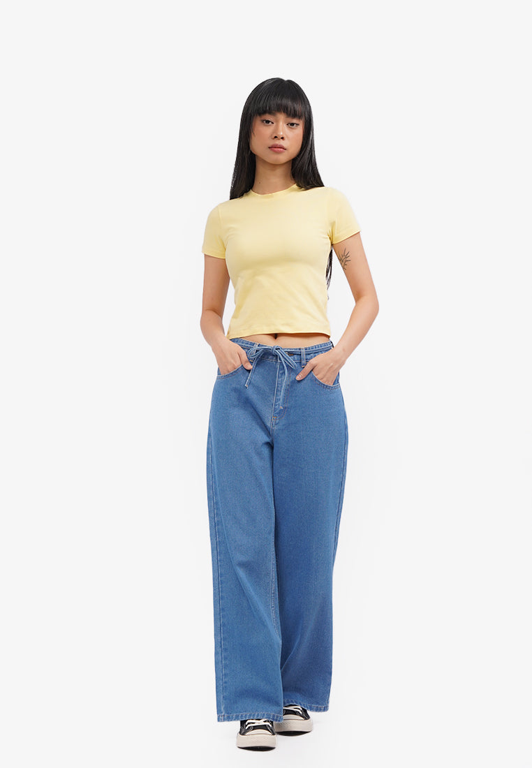 Wide Leg Jeans with Tie Details Med Blue