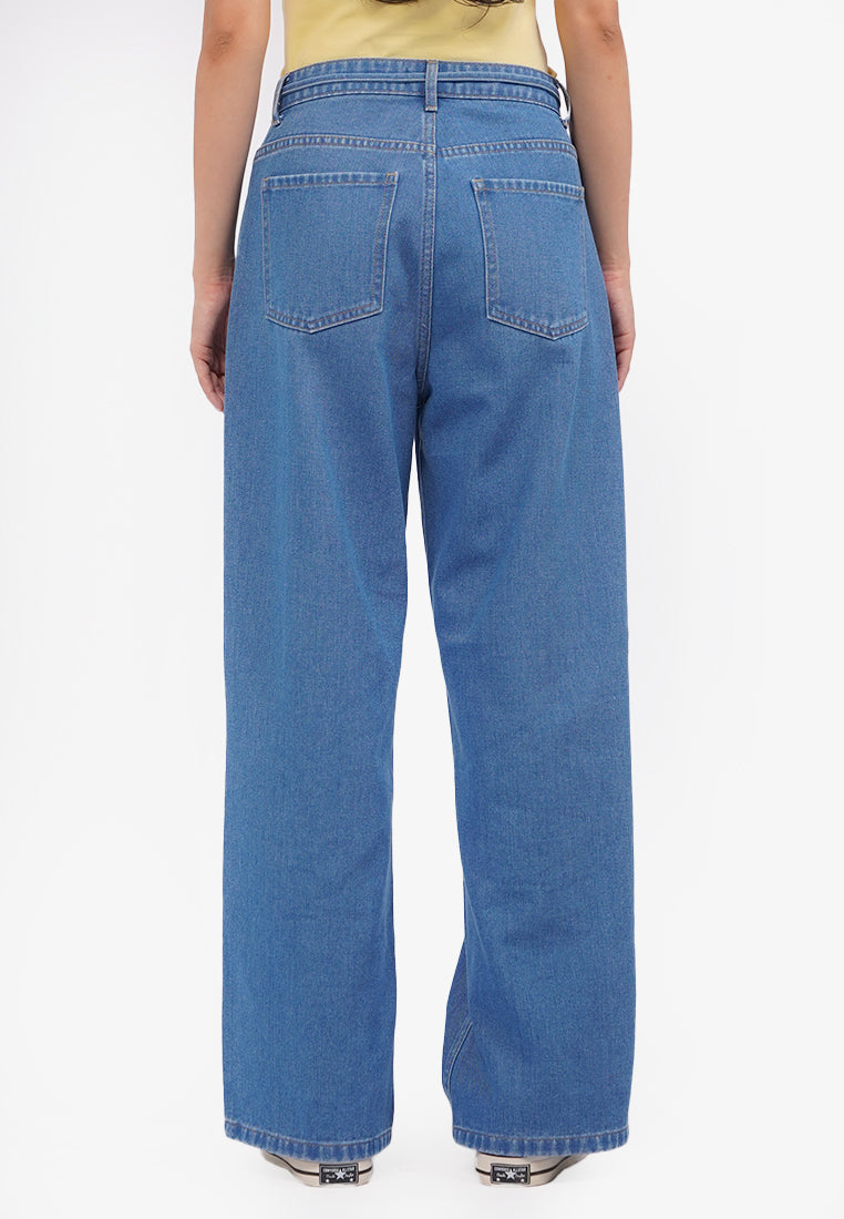 Wide Leg Jeans with Tie Details Med Blue