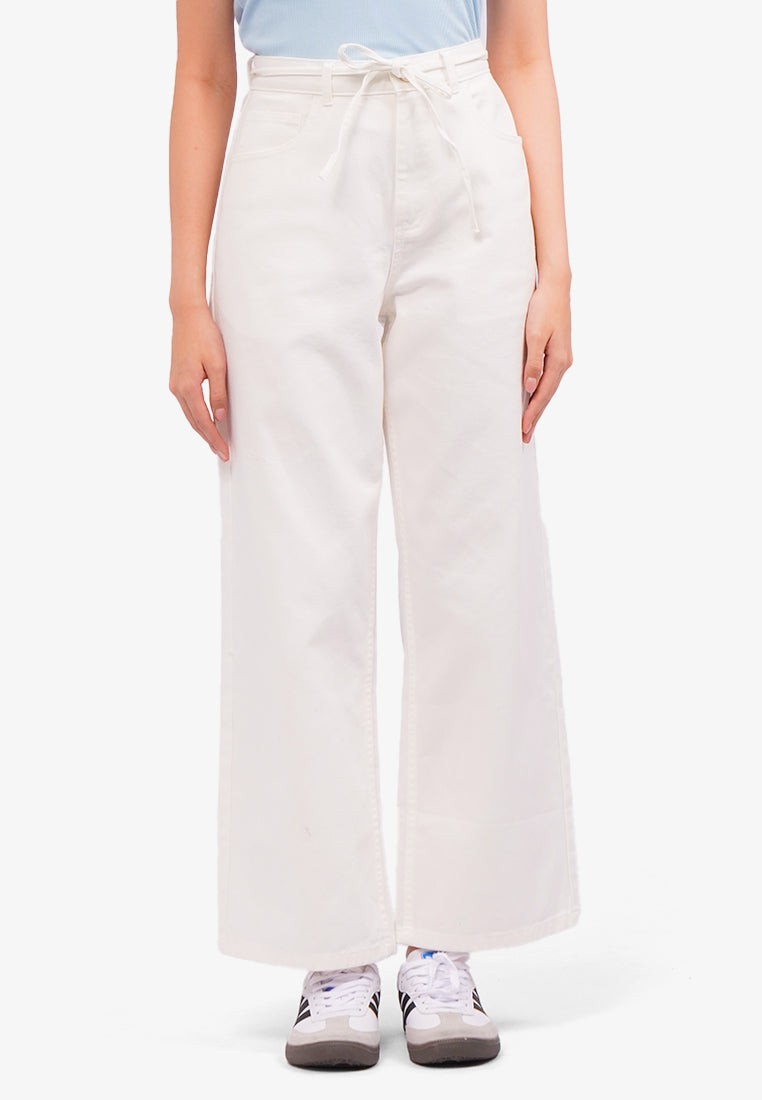 Wide Leg Jeans with Tie Details Off White