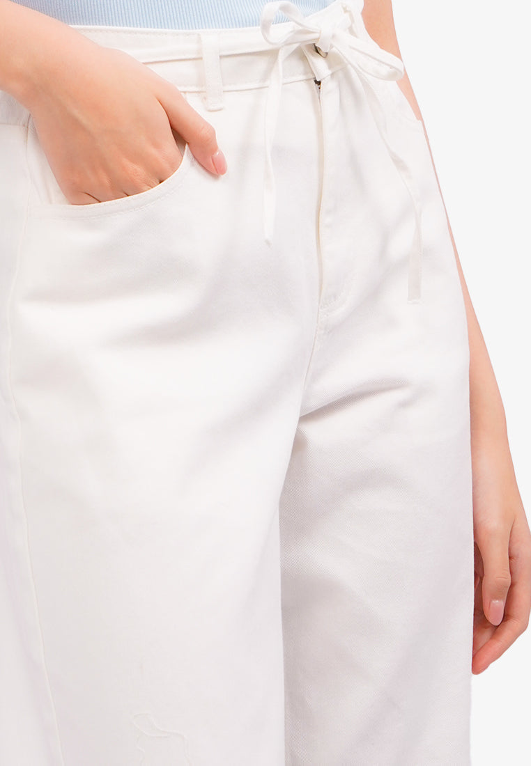 Wide Leg Jeans with Tie Details Off White