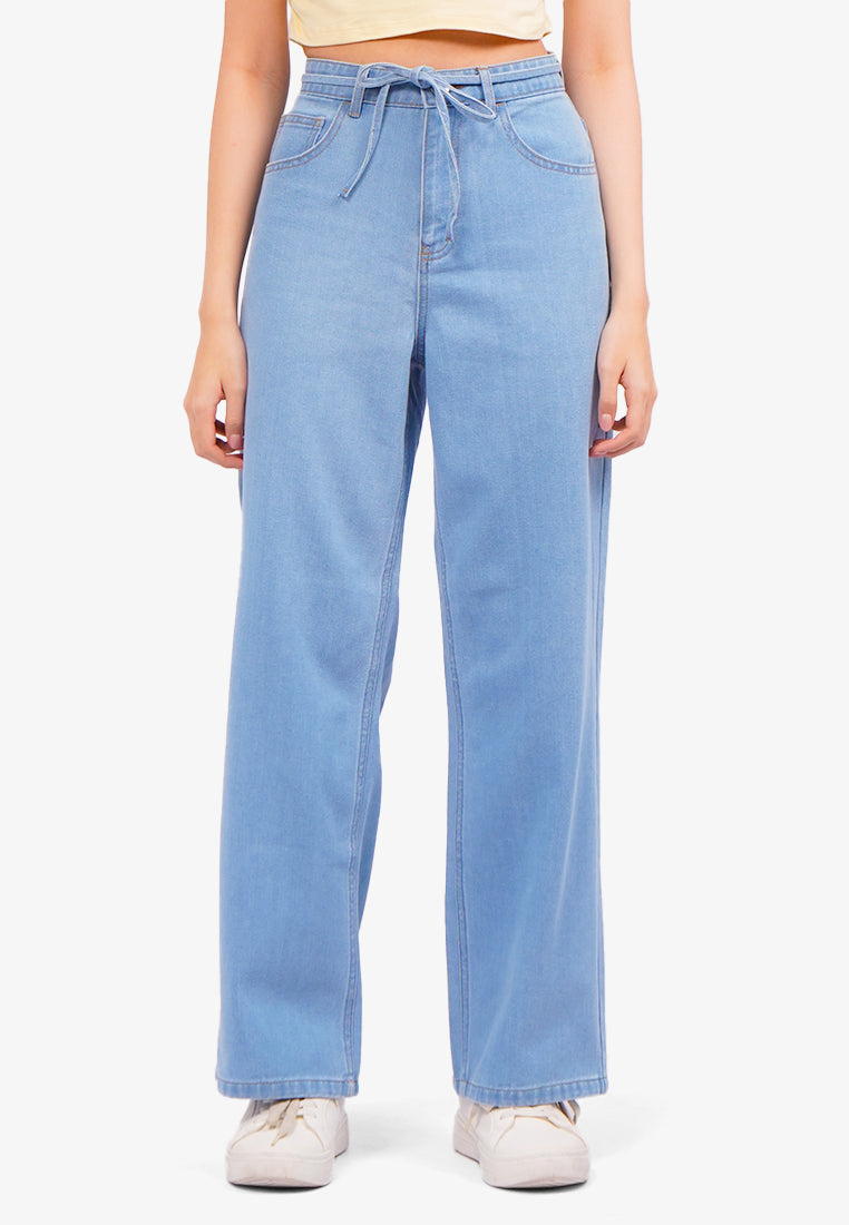 Wide Leg Jeans with Tie Details L.Blue
