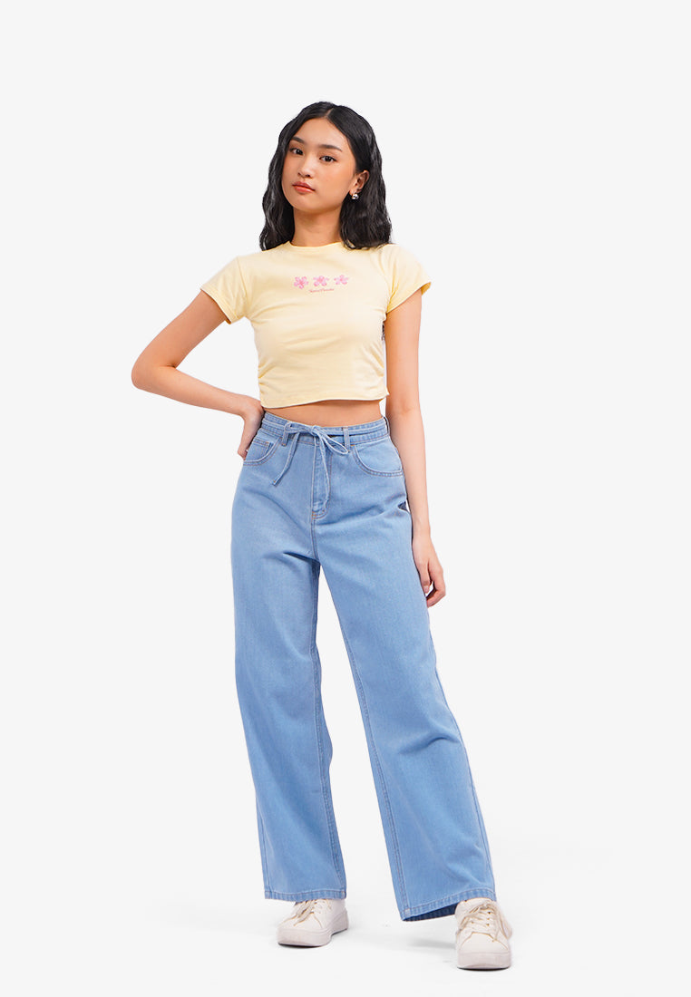Wide Leg Jeans with Tie Details L.Blue