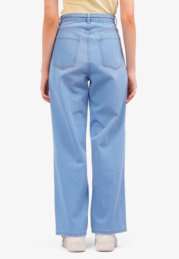 Wide Leg Jeans with Tie Details L.Blue