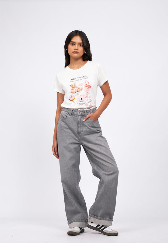Turn Up Hem Straight Denim Pants