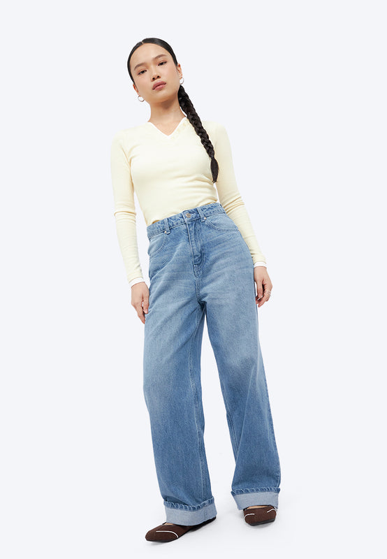 Turn Up Hem Straight Denim Pants
