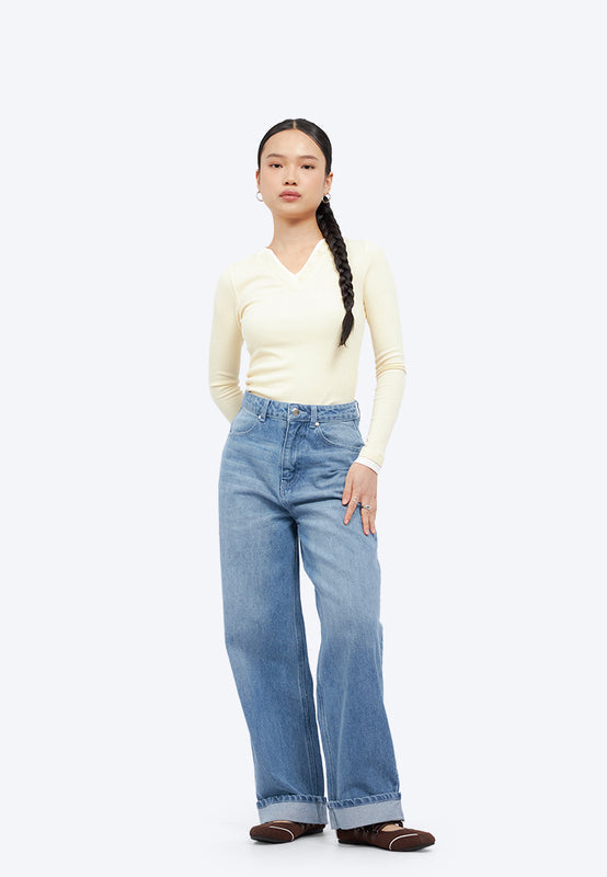 Turn Up Hem Straight Denim Pants